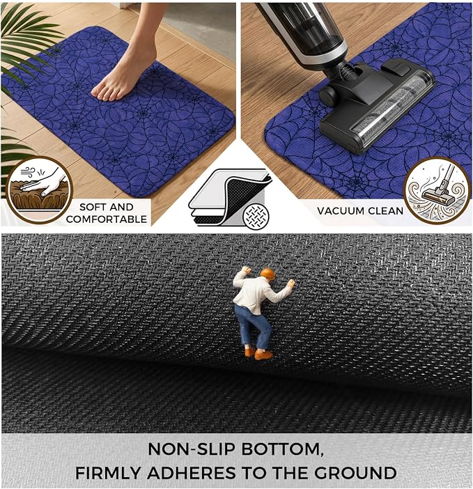 Navy Blue Halloween Bathroom Runner Rugs Non Slip Washable Absorbent Narrow Long Bath Mat Black Spiders Net Classic Gingham Runner Rugs for Kitchen Hallway Bedroom Laundry Study Room 19.7"x63"