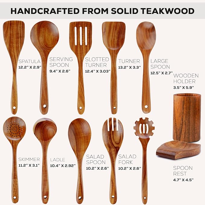 Zulay Kitchen 12-Piece Teak Wooden Utensils for Cooking - Natural Teak Utensil Set with Premium Gift Box - Non-Stick Wooden Spoons for Cooking - Kitchen Gift Set - Comfortable Grip Wooden Utensil Set
