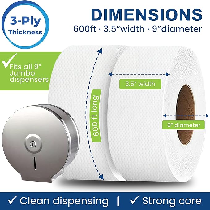 Commercial toilet paper - Jumbo toilet paper rolls -3,600 FT Industrial 3-Ply 9” Bulk Large Roll for Standard Jumbo Dispenser -100% Recycled Fibers-Soft and Absorbent Bathroom Tissue -6 Roll Case Pack