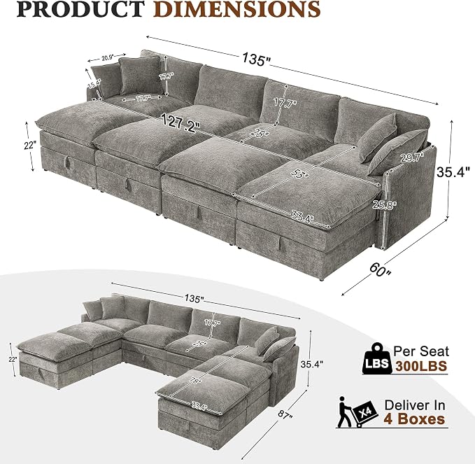 Ihanherry 135” Oversized Sectional Sofa Bed with Storage, 8-Seater Modular Cloud Couch with Movable Ottomans, Chenille Deep Seat Sleeper Couches for Living Room (Grey)