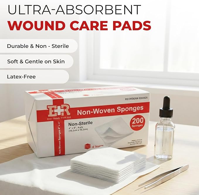 Non-Woven Sponges, 4" x 4", 4-Ply, Lint-Free, Ultra-Absorbent Wound Care Pads for Cleaning, Dressing & Skin Care – Non-Sterile, 2000 Count (10 Packs of 200)
