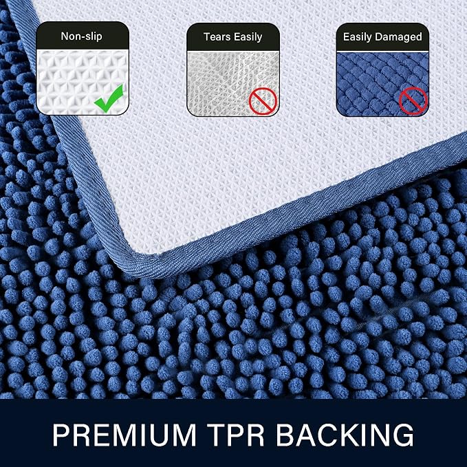 LOCHAS Luxury Bathroom Rug Shaggy Bath Mat 24 x 44 Inch, Blue | Washable Non Slip Bath Rugs for Bathroom Shower, Soft Plush Chenille Absorbent Carpets