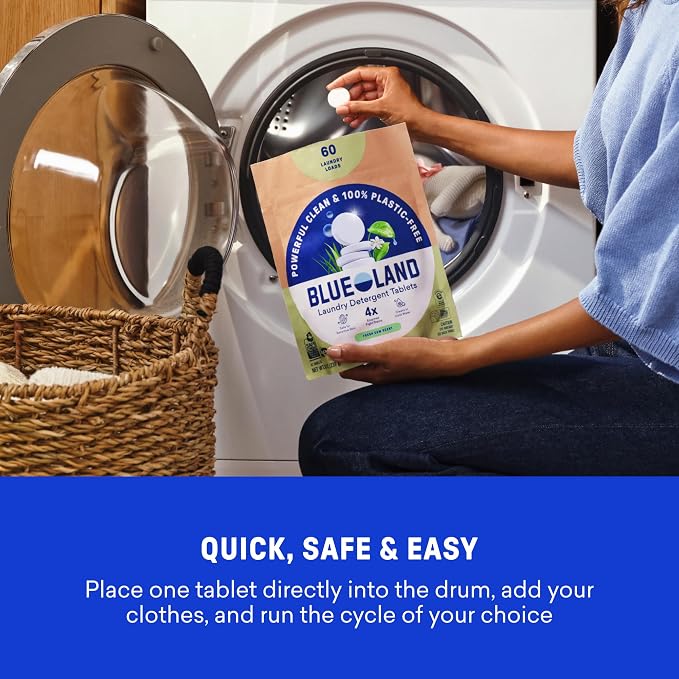 BLUELAND Laundry Detergent Tablets, 60 Count, Plastic-Free Eco-Friendly Pods, Sheets, Liquid Alternative - Fresh Dew Scent, Safe for Sensitive Skin, No Harsh Chemicals, Lifts Tough Stains and Odors