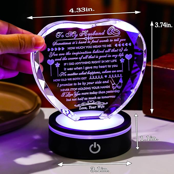 Gifts for Husband with Colorful LED Base Romantic Anniversary Wedding Gifts for Men Crystal Heart to My Husband Birthday Gift from Wife I Love You Gifts for Him on Valentine's Fathers Day Christmas