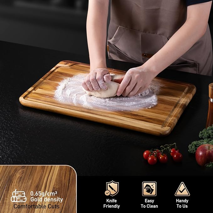 Teak Wood Cutting Boards for Kitchen 17'' Wooden Bamboo Serving Board Meat | Heavy Duty, Over Sink, Solid Thick, Haus Wooden Chopping Board, Meat, Easy to Clean, Non Toxic, Best Kitchen Essential Gift