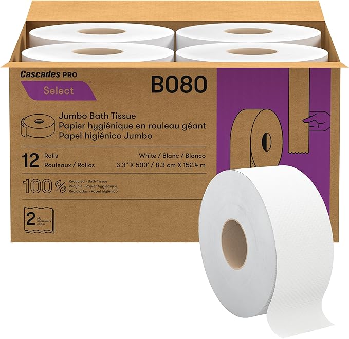 Cascades PRO Select Jumbo Bath Tissue – 2-Ply Toilet Paper – Fits Universal Jumbo Roll Dispensers – Soft, Durable, and Septic Safe – 500' Length/Roll, 12 Rolls/Box – B080 – White