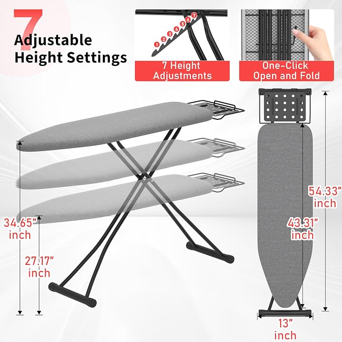 Ironing Board, 43"×13" with Iron Rest, 4 Layer 7 Adjustable Height & Sturdy | Iron Board with Bulit-in Hook and Hanger Bar, Heat Resistant Cover and Pad for Home Apartment Laundry Room Dorm, Gray