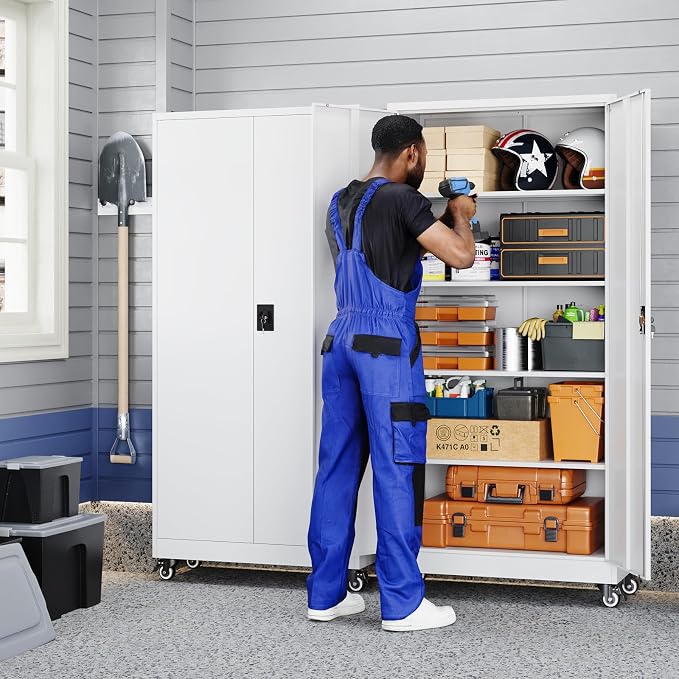 Metal Garage Storage Cabinet with Locking Doors and Adjustable Shelves,- 75" Rolling Steel Tool Cabinet for Home Office,Garage,Warehouse