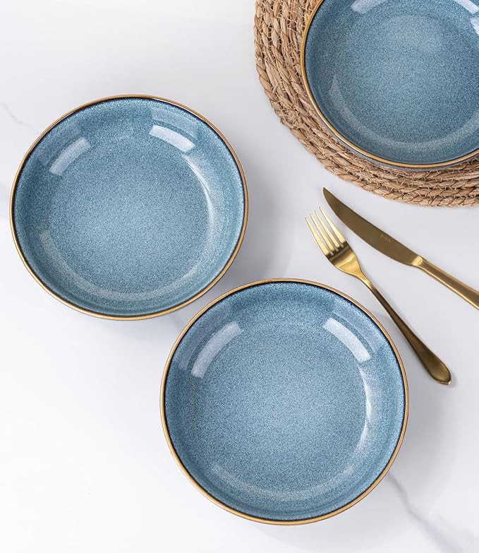 AmorArc 8.5'' Large Ceramic Pasta Bowls, 36oz Stoneware Pasta Serving Bowls Set of 4 for Kitchen, Wide Bowls for Pasta,Salad,Oatmeal, Microwave Safe, Reactive Glaze-Blue
