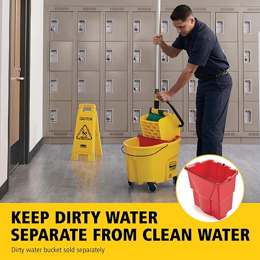 Rubbermaid Commercial Products WaveBrake 35 Qt. Side-Press Mop Bucket and Wringer Combo on Wheels Yellow for Professional/Industrial/Business Heavy-Duty Floor Cleaning/Mopping