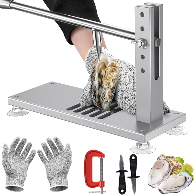 ZeroPone Oyster Clam Opener Machine Adjustable Oyster Shucker Tool Set | Includes Knives, Glove and G-Clip, Seafood Tools for Hotel Family Buffet