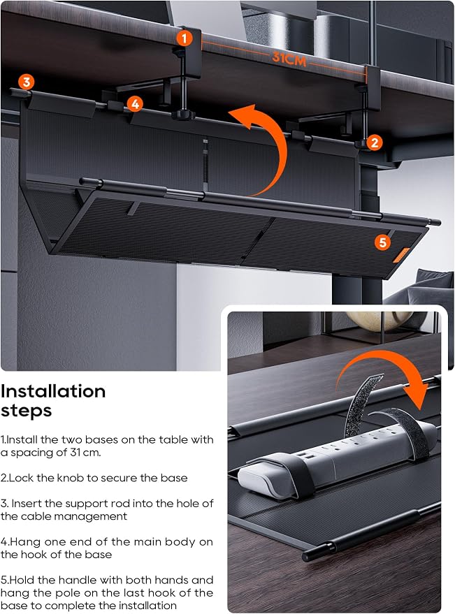 27" No Drill Under Desk Cable Management Tray (Black) | Fire-Resistant Thickened Nylon Material, Clip-on Cord Organizer to Hide Power Strip, Heat Dissipation Mesh Design, for Office