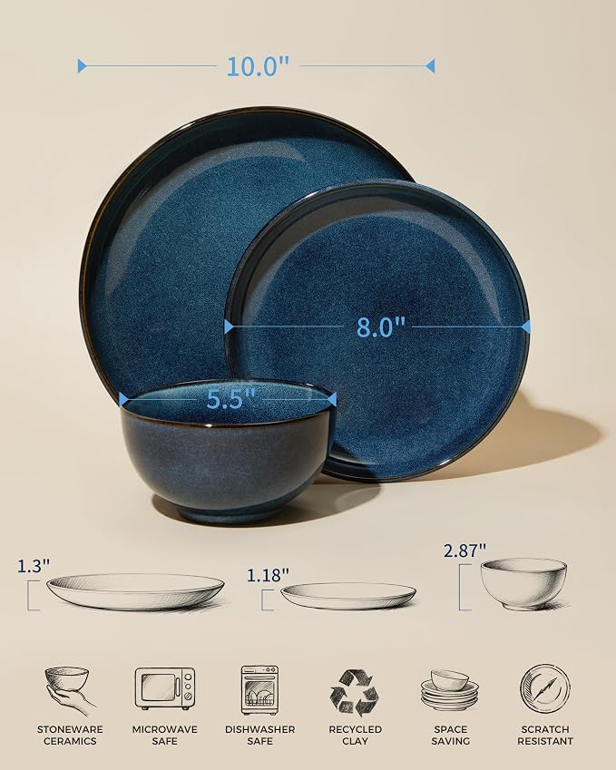 Pokini Stoneware Dinnerware Sets for 6, 18 Pieces Ceramic Plates and Bowls Sets, Chip and Scratch Resistant Dish Set, Dishwasher & Microwave Safe Plate Set, Starry Blue