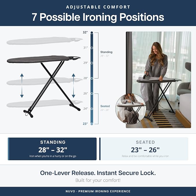 NUVO 36" Black Ironing Board with Iron Rest, Hanging Hook & Silicone Pad | Compact 36-inch ironing board with sturdy legs, 4-layer cover pad, iron rest, hanging hook, and silicone pad for easy storage