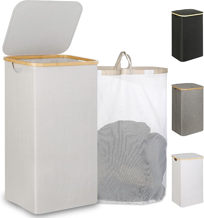 iEGrow 110L Laundry Basket with Lid, Laundry Hamper with Bamboo Handle,Clothes Basket Organizer with Removable Inner Bag for Clothes Towels,Light Grey