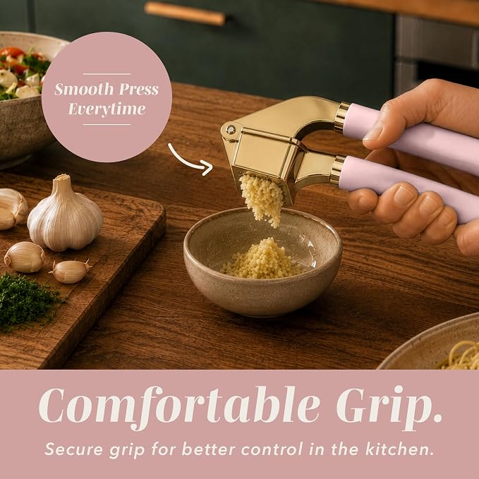 COOK WITH COLOR 6-Piece Kitchen Tool Set with Acacia Wood Cutting Board, Can Opener, Pizza Cutter, Garlic Press, Scoop & Peeler, Pink