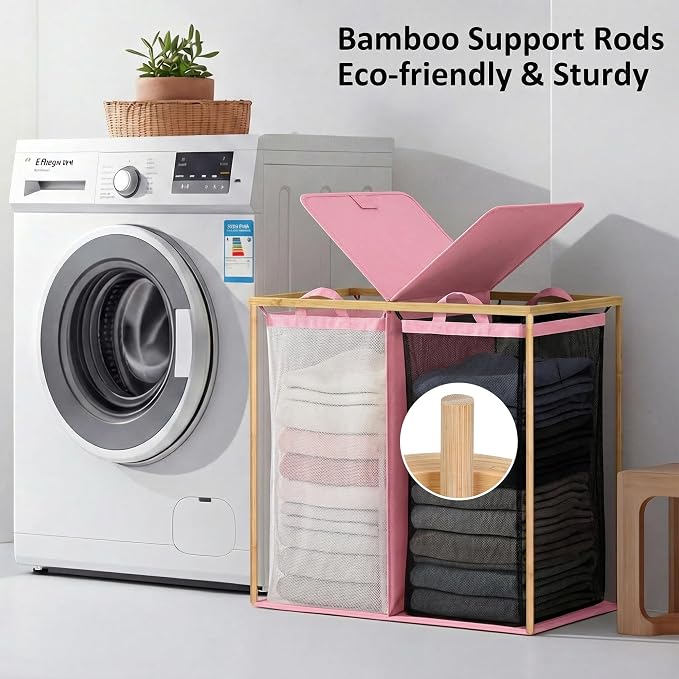 efluky Laundry Hamper with Lid, Double Laundry Basket with 2 Removable Bags, 2 Section Laundry Bin with Bamboo Handles for Bathroom, Bedroom & Laundry Room, 140L (36.9 Gallon) Pink
