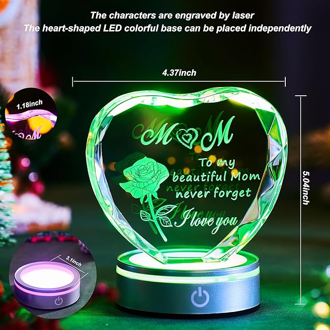 Heart Shaped Crystal Plaque for Mom, Laser Engraved Gift with Color Changing LED Light Base, Mothers Day Birthday Christmas Gift from Daughter Son
