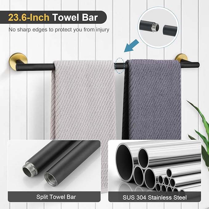 TQKAG Black and Gold Bathroom Hardware Set 6-Piece Bathroom Accessory Set 23.6 Inch Round Stainless Steel Towel Bar Set Wall Mounted