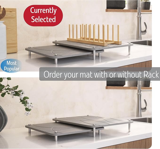 Nested Dish Drying Stone Mat with Bamboo Rack | Large 16"x12" Dish Drying Mat plus 13"x12" Diatomaceous Earth Stone Mat | Expands to 29” x 12” | Premium Stone Mat for Kitchen Counter (Light Gray)