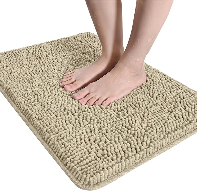 LOCHAS Luxury Bathroom Rug Shaggy Bath Mat 24 x 36 Inch, Beige | Washable Non Slip Bath Rugs for Bathroom Shower, Soft Plush Chenille Absorbent Carpets