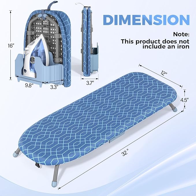 Kingboard Tabletop Ironing Board with Iron Holder, Small Iron Board with Heat Resistant Covers, Portable Mini Ironing Board with Non-Slip Feet for Home Travel, 12 * 32 Blue