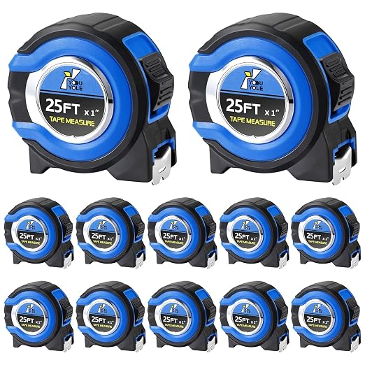 Youyole 12 Pack Tape Measure with Fractions 1/8 Steel Measuring Tape Retractable Easy Read Measurement Ruler Steel Power Blade (25 ft X 1 in,Blue)