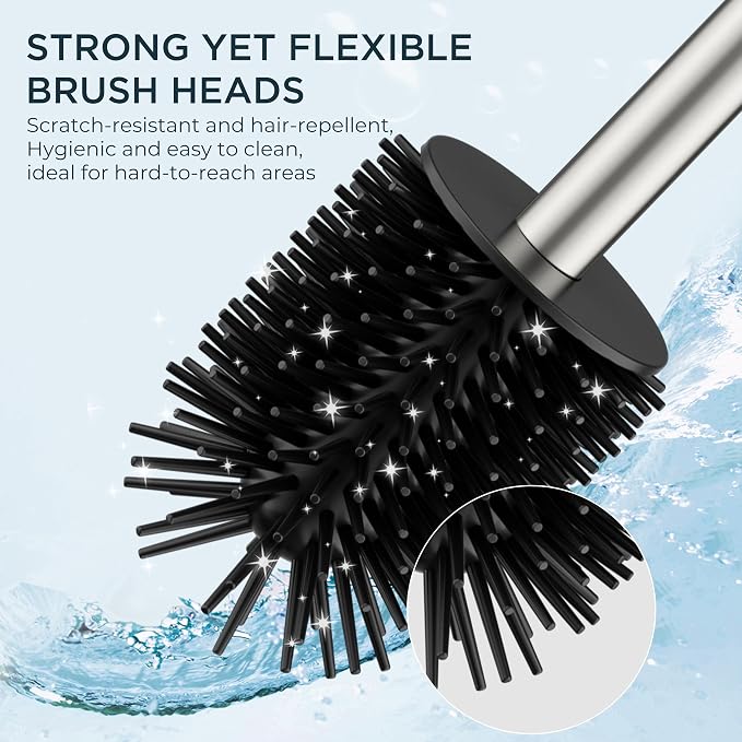 FORIOUS Tall Toilet Brush and Holder Set, Heavy Duty 304 Stainless Steel Base Square and Long Handle for Bathroom Deep Cleaning, Space Saving for Storage, 2 Toilet Bowl Brush Head, Brushed Nickel