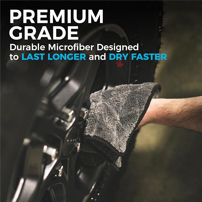 The Rag Company Gauntlet Car Drying Towel, Ultra-Absorbent 70/30 Blend Korean Microfiber, Dries Vehicles Faster Without Scratching, 900 GSM, 12x12 Inches, Ice Grey/Grey, 3-Pack