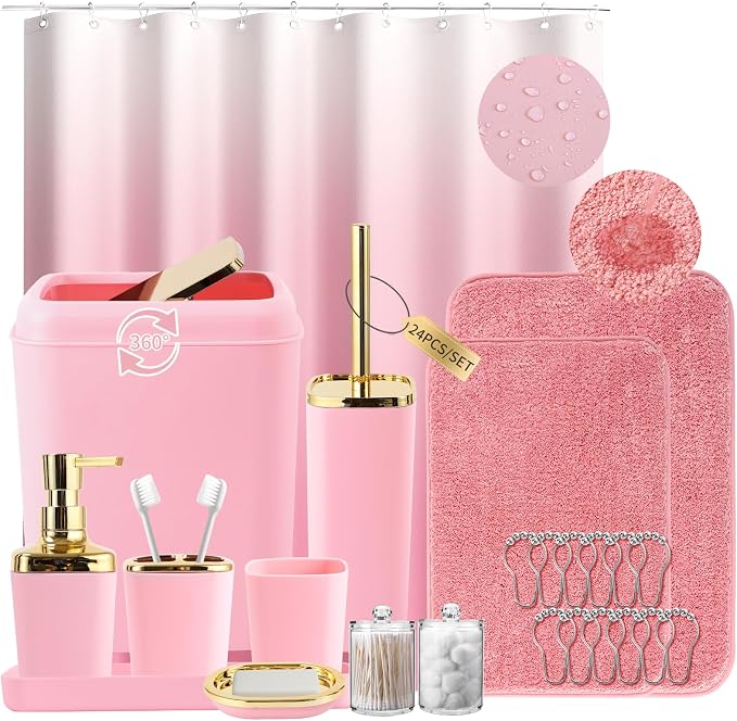 XLHOMO Bathroom Set - Pink Bathroom Sets with Shower Curtain and Rugs, 24PCS Shower Curtain Set with Hooks, Soap Dispenser, Soap Dish, Toilet Brush Holder and Trash Can for Housewarming
