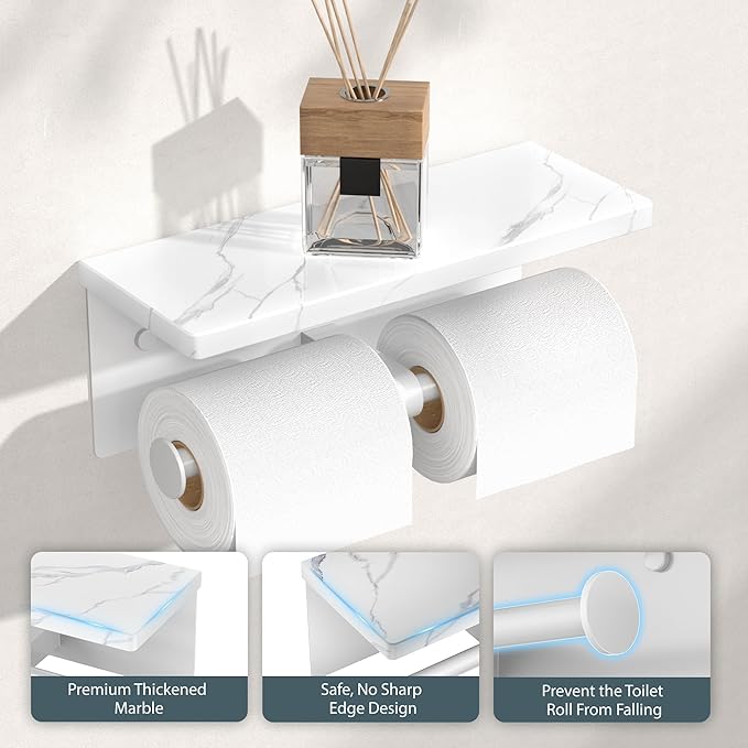 FORIOUS Toilet Paper Holder with Shelf, Marble Wall Mount Tissue Roll Holder for Bathroom, Washroom, 304 Stainless Steel Double Commercial Toilet Tissue Dispensers with Phone Shelf, White