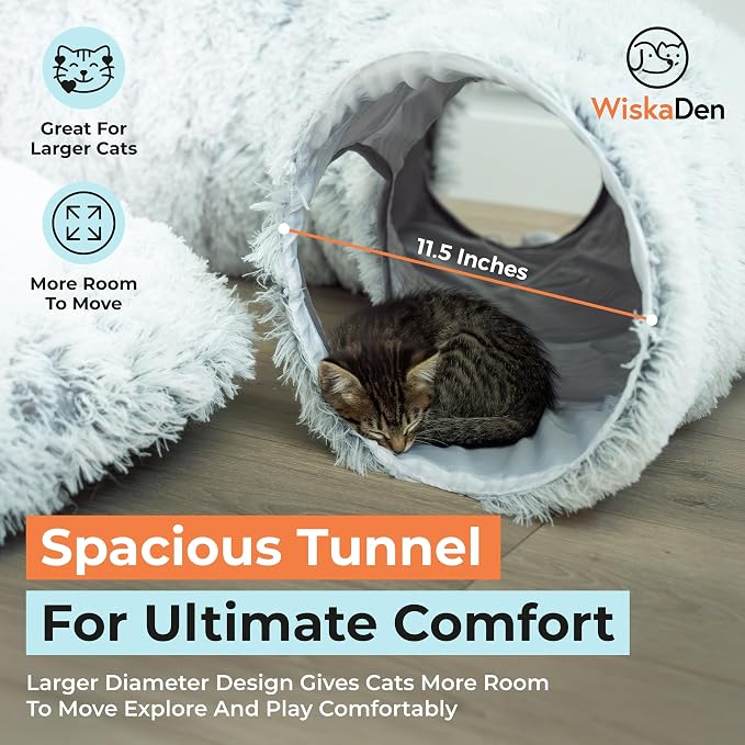 WiskaDen XL Plush Cat Tunnel Bed with Toy and Elderly Feline Access. 3-in-1 Light Grey Fluffy Donut Cushion. Circle Tube for Indoor Cats Leisure, Hiding Spot, Dog Bed, or Rabbit Cave