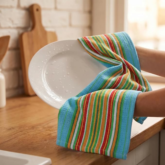 Urban Villa Kitchen Towels Waffle Stripes Dish Towels for Kitchen Azure Color Set of 6 Kitchen Towels Highly Absorbent Cotton Over Sized 20X30 in with Mitered Corners Kitchen Hand Tea Towels
