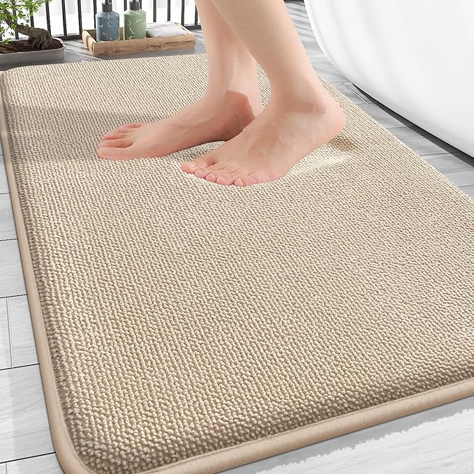 OLANLY Thick Memory Foam Bathroom Rugs 34x21, Absorbent Bath Mat, Beige | Soft Quick Dry Bath Rugs Mats, Non-Slip, Machine Washable Carpet for Bathroom Floor, Tub and Shower, Home Decor Accessories