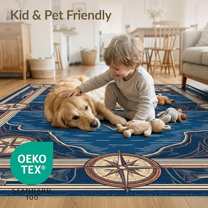 4'x6' Washable Area Rug Bass Nautical Wildlife Lake Map Border Lure Tackle Fish Fishing Refined for Dorm Room, Small Living Apartment, Stain Resistant Low Profile