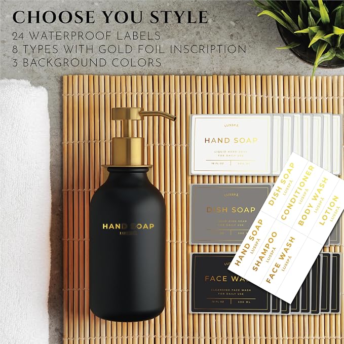 Shower Shampoo Dispenser Wall Mounted – 3 Refillable 16.9 oz Black Bottles with Stainless Steel Pumps & No-Drill Adhesive Holders – Soap Dispenser Set for Bathroom (3 X Black/Gold)