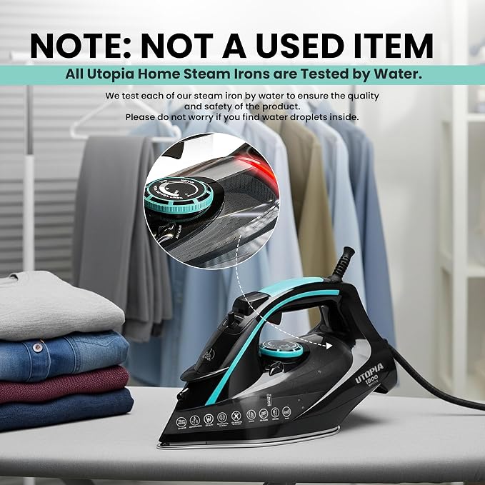 Utopia Home Steam Clothes Iron - 1800W (Black Teal) Non-Stick Soleplate | Nonstick Soleplate With Auto-Off Safety Feature - Adjustable Thermostat Control, Variable Steam Control, Self-Clean, 8ft Cord
