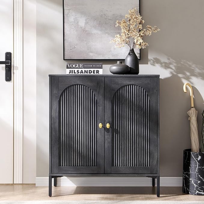 IFGET 34" Tall Modern Arch Sideboard Buffet Cabinet with Storage, Dark Grey | Fluted Arched Sideboard Cabinet w/Adjustable Shelves, Wood Modular Kitchen Cabinet for Dining& Living Room, Entryway