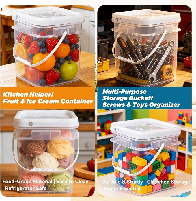 Food Storage Buckets with Lids - 4 Set Square Clear Plastic Containers, Airtight Pressure Seal & Handle for Kitchen Freezer Prep (Clear, 1.3 gal)