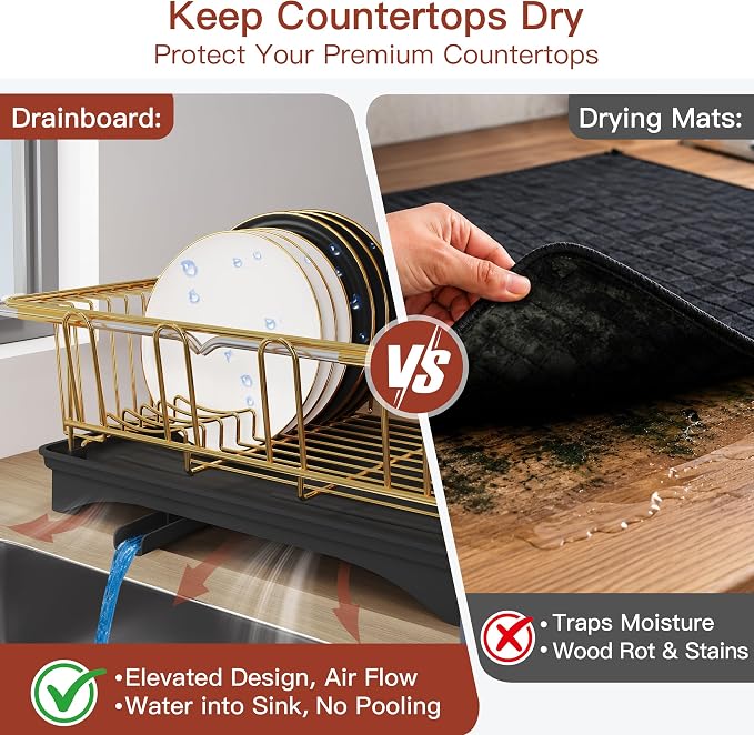 JASIWAY Gold Dish Drying Rack in Sink with Drainboard and Utensil Holder | Use Over the Sink or Counter, Stainless Steel Expandable Dish Drainer for Small Kitchen, Space Saving, Fast Drain, Rustproof