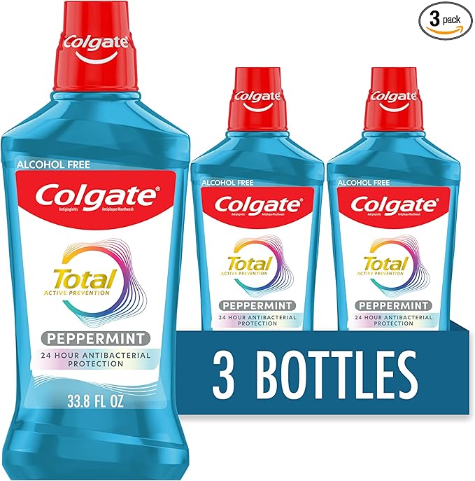 Colgate Total Alcohol Free Mouthwash, Peppermint for Bad Breath, Helps Prevent Gingivitis and Plaque, 3 Pack, 33.8 Oz Each