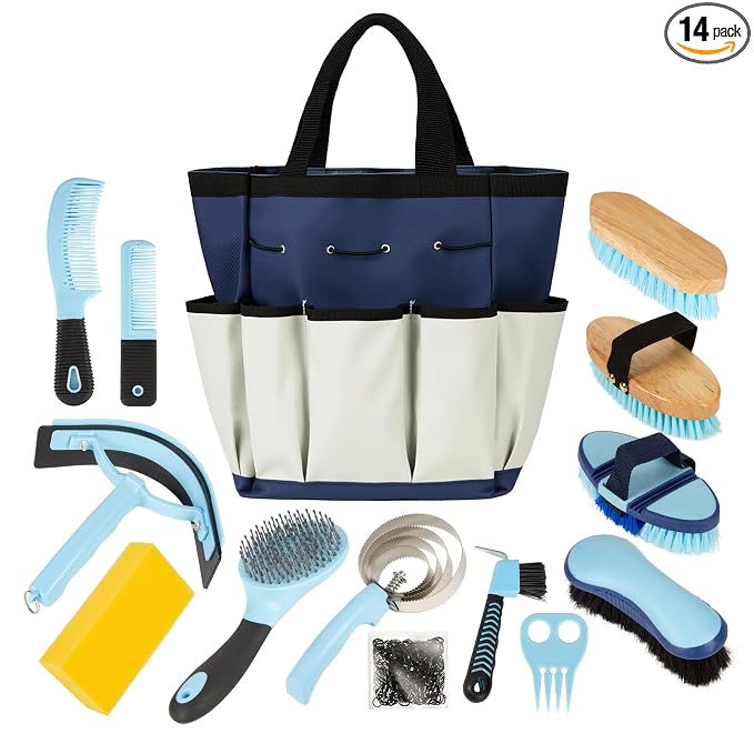 Horse Grooming Kit, 14-in-1 Professional Horse Brush Supplies Set for Grooming & Care, with Horse Brushes, Curry Comb, Hoof Pick & Waterproof Storage Tote Bag for Shining, Detangling, Massaging(Blue)