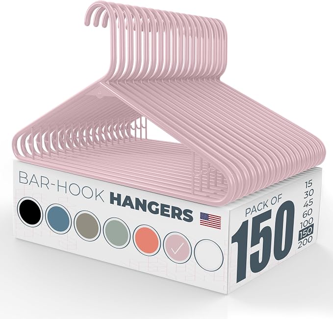 Plastic Hangers 150 Pack – Made in The USA – 6lb Capacity Standard Clothes Hangers with Strap Hooks for Dresses, Lingerie, Shirts, Pants, and Jackets – Pink