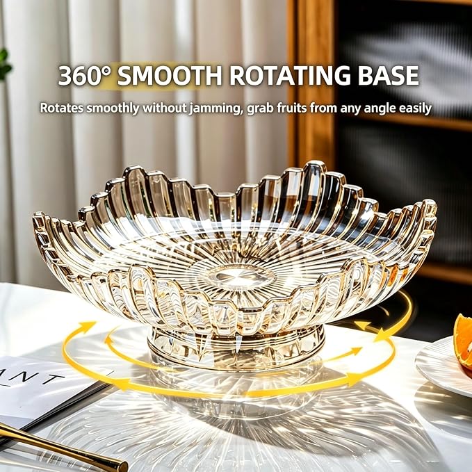 Rotatable Crystal Glass Fruit Bowl, Extra Large Flower Tray 12In | Smooth 360° spinning base, max 20kg load for kitchen & dining display