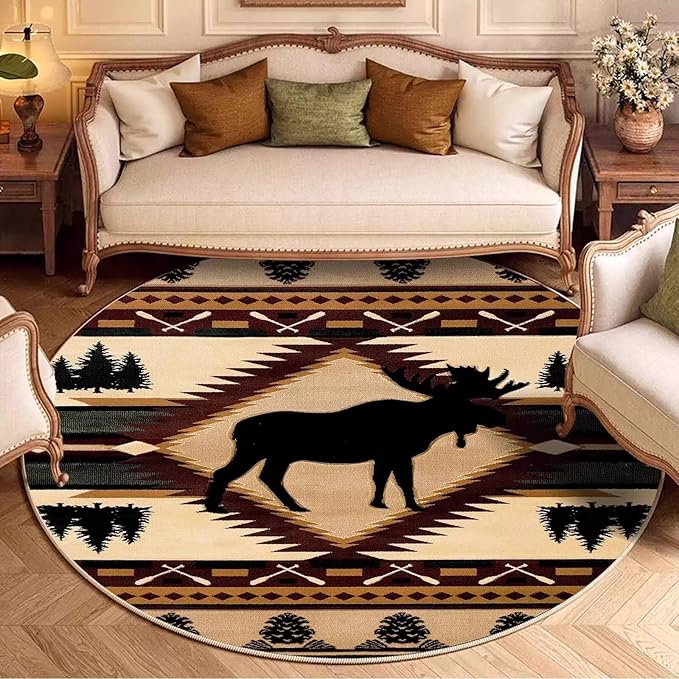 Abstract Pine Cone Round Area Rug 5'3ft for Living Room Non-Slip Rustic Lodge Cabin Moose Deer Rugs Apartment Decor Low Pile Farm Carpet