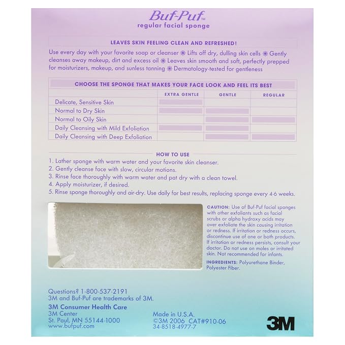 Buf-Puf Facial Sponge, Dermatologist Developed, Removes Deep Down Dirt & Makeup That Causes Breakouts and Blackheads, Reusable, Exfoliating, White, 12 Count