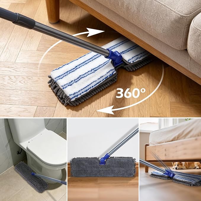 MASTERTOP Microfiber Dust Mop,Double-Sided Flat Mops for Hardwood Floors with 4 Reusable Mop Pads, Floor Mops with Stainless Steel Handle and Extension, Cleaner for Hardwood, Vinyl, Laminate, Tile