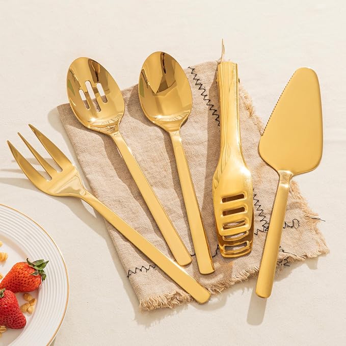 18/10 Large Hostess Gold Serving Utensils,Stainless Steel Serving | Heavy Duty 10-inch Serving Spoons, Slotted Spoons, Serving Fork, Serving Tongs, Cake Pie Server for Buffet, Wedding, Parties