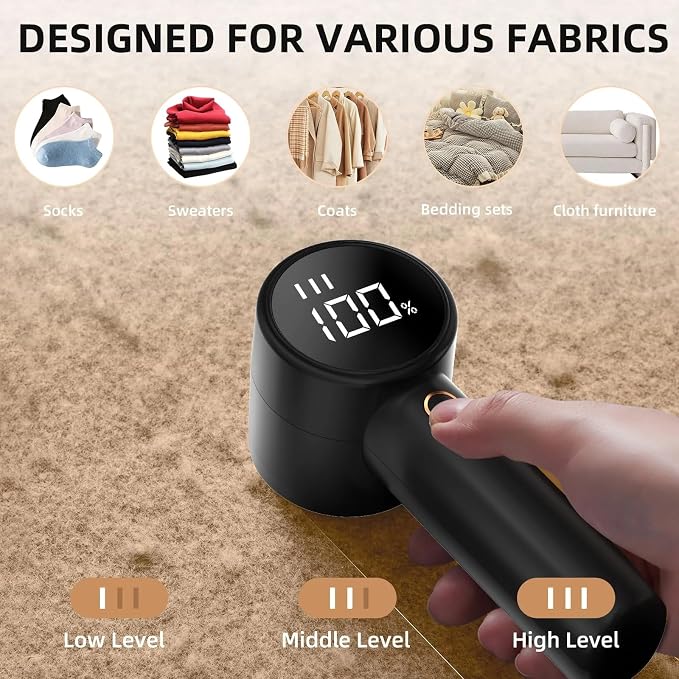 Fabric Shaver Lint Remover, Rechargeable Lint Shaver, Electric Sweater Defuzzer with 3 Speeds, 6 Blades, Digital LED Display to Remove Pilling for Clothes, Furniture, Couch, Blanket (Color : Black)