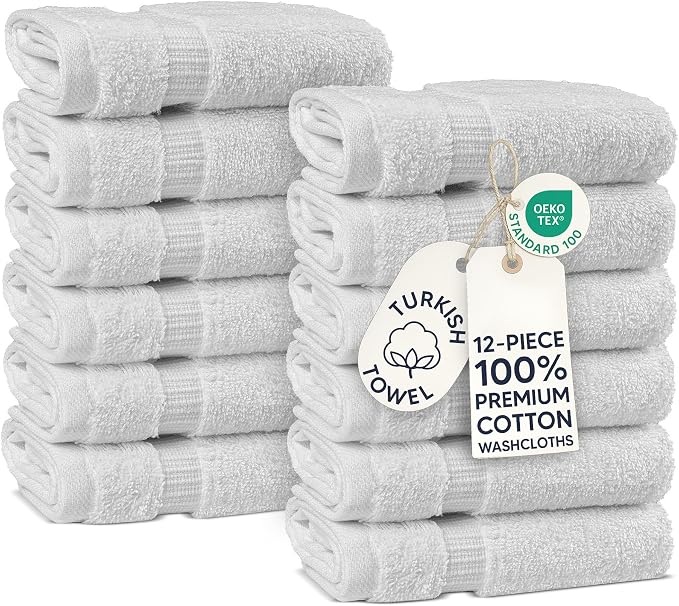 Chakir Turkish Linens Premium Cotton Absorbent Turkish Towels (Washcloths - 12 Piece, White)